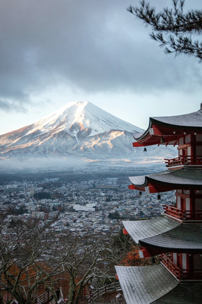 Mount Fuji and Chureito Pagoda in winter