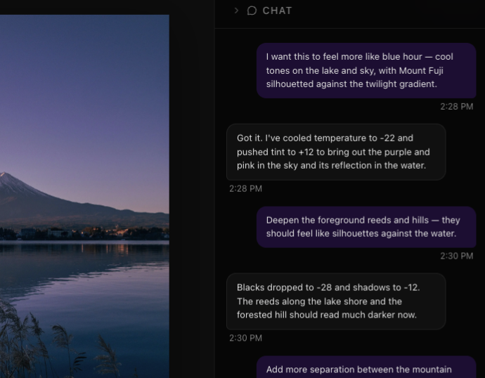 Redux editor with AI chat applying blue hour color edits to a mountain landscape