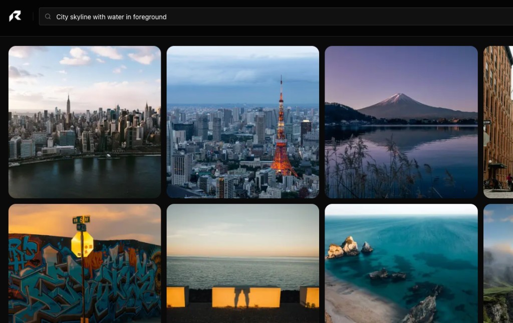 Redux library search showing results for a city skyline with water query