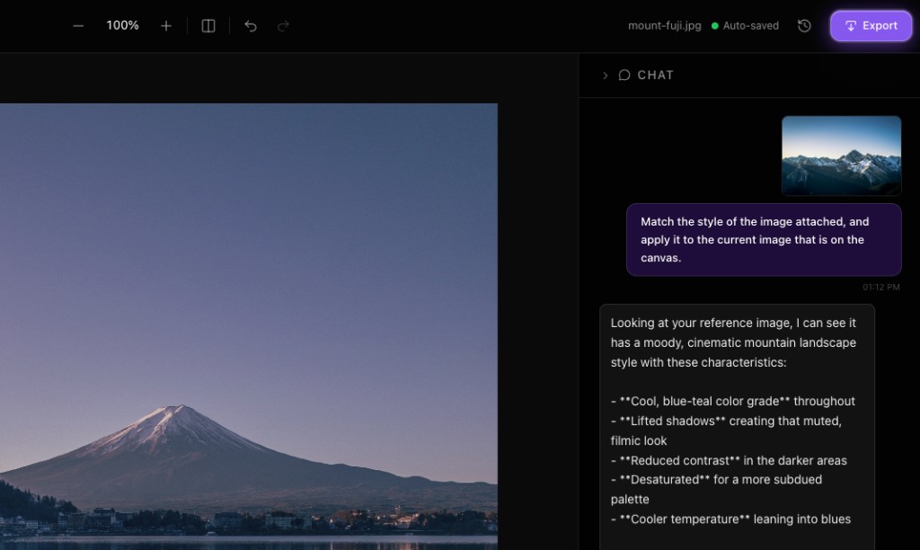 Redux editor applying Style Match to Mount Fuji via AI chat with a reference image